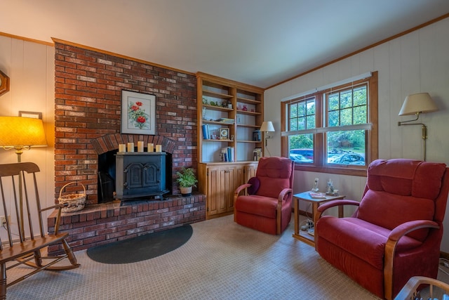 11 Mcintosh Dr, Poughkeepsie, NY 12603 - living area with ornamental molding, a wood stove, and carpet