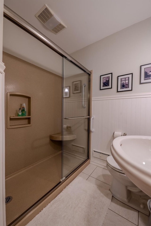 11 Mcintosh Dr, Poughkeepsie, NY 12603 - bathroom with toilet, visible vents, tile patterned floors, a shower stall, and wainscoting