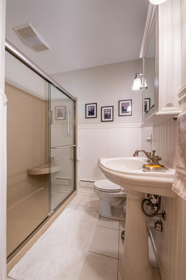 11 Mcintosh Dr, Poughkeepsie, NY 12603 - bathroom with toilet, tile patterned floors, visible vents, wainscoting, and a shower stall