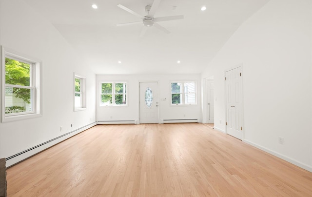 8 Maple St, Glenwood Landing, NY 11547 - unfurnished living room featuring vaulted ceiling, a baseboard radiator, light wood-style floors, recessed lighting, and ceiling fan
