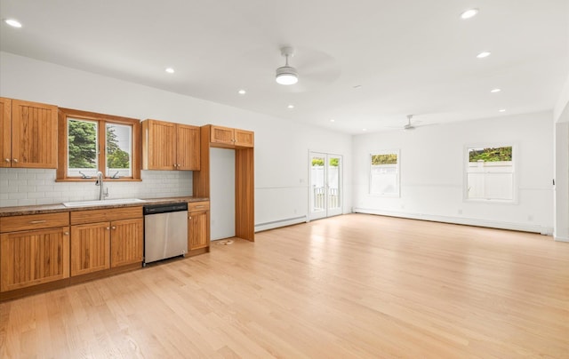 8 Maple St, Glenwood Landing, NY 11547 - kitchen featuring dishwasher, a ceiling fan, baseboard heating, light wood-style floors, and a sink