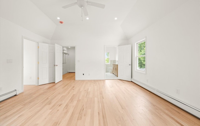 8 Maple St, Glenwood Landing, NY 11547 - unfurnished bedroom with a baseboard radiator, light wood finished floors, lofted ceiling, connected bathroom, and recessed lighting