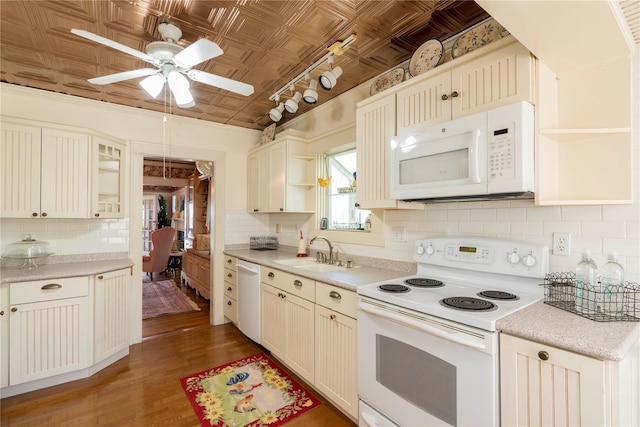 44 Jackson St, Fishkill, NY 12524 - kitchen featuring open shelves, a sink, white appliances, an ornate ceiling, and backsplash