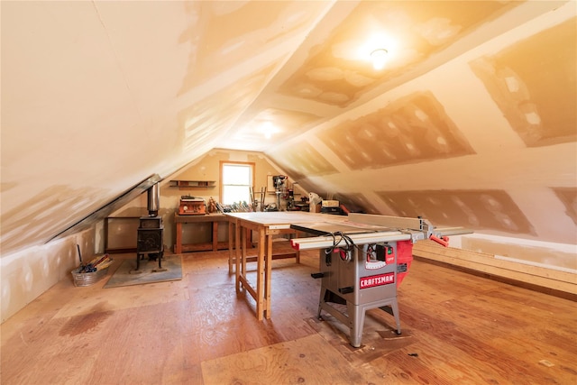 44 Jackson St, Fishkill, NY 12524 - interior space featuring a wood stove, lofted ceiling, and wood finished floors