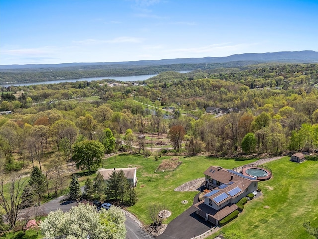 drone / aerial view featuring a water and mountain view and a view of trees