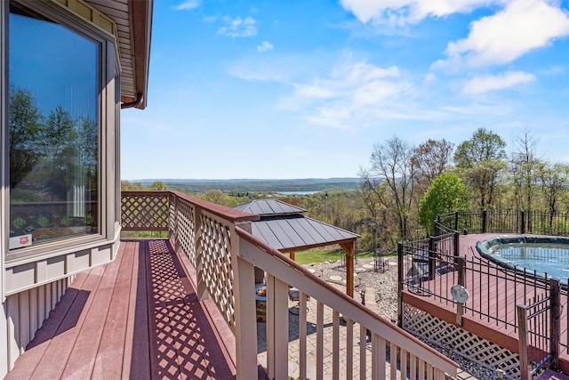 wooden deck with a fenced in pool