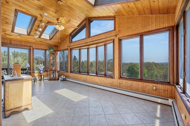 unfurnished sunroom with tile patterned flooring, wood walls, wooden ceiling, and lofted ceiling with skylight