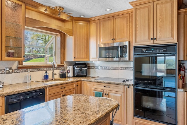 kitchen with a sink, black appliances, light stone countertops, and tasteful backsplash