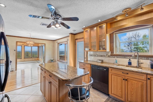 kitchen with a sink, plenty of natural light, backsplash, and black appliances