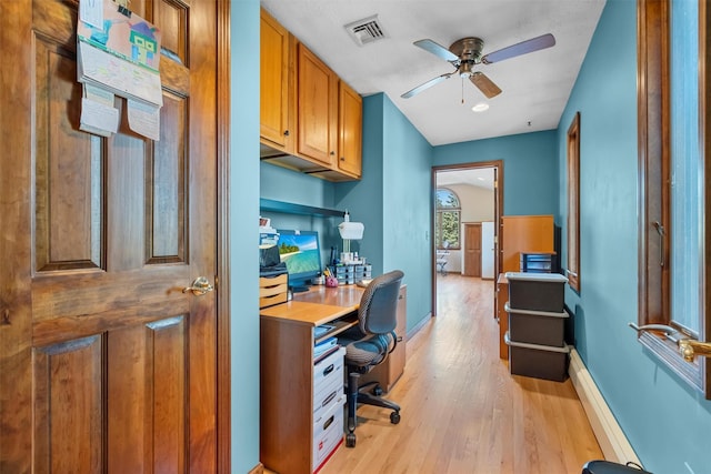 office area with baseboards, a ceiling fan, light wood-style flooring, and visible vents