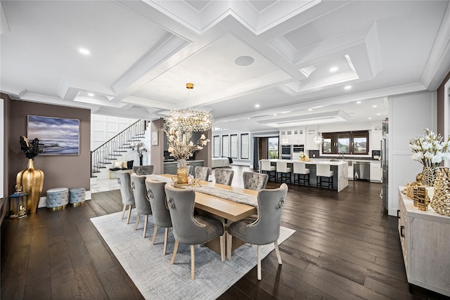 dining area with an inviting chandelier, coffered ceiling, dark wood-style floors, and stairway