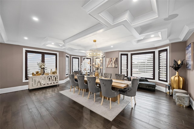 dining space with baseboards, an inviting chandelier, and dark wood-type flooring