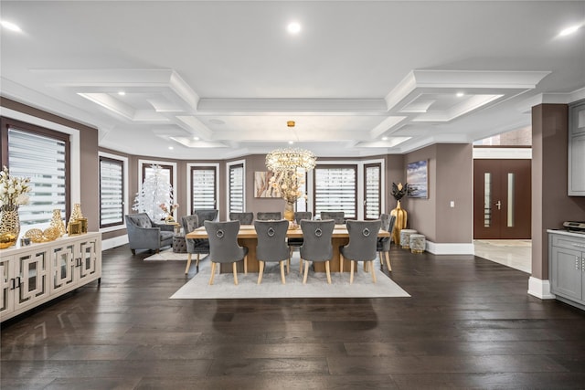 dining area with an inviting chandelier, a healthy amount of sunlight, and coffered ceiling