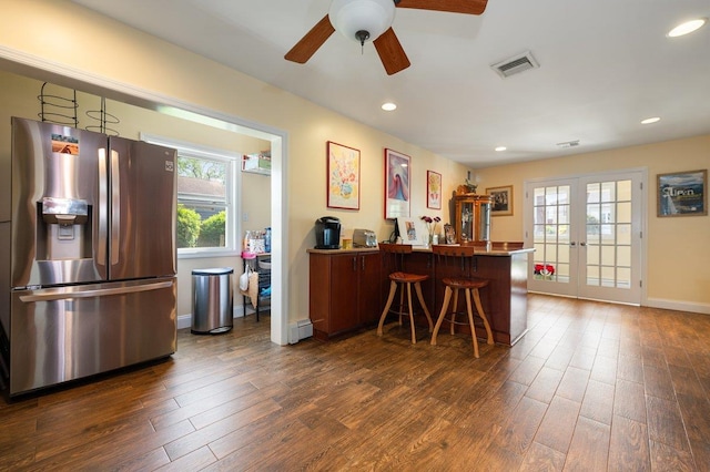 64 Harmon St, Long Beach, NY 11561 - indoor dry bar featuring stainless steel fridge, dark wood-style floors, french doors, a ceiling fan, and recessed lighting