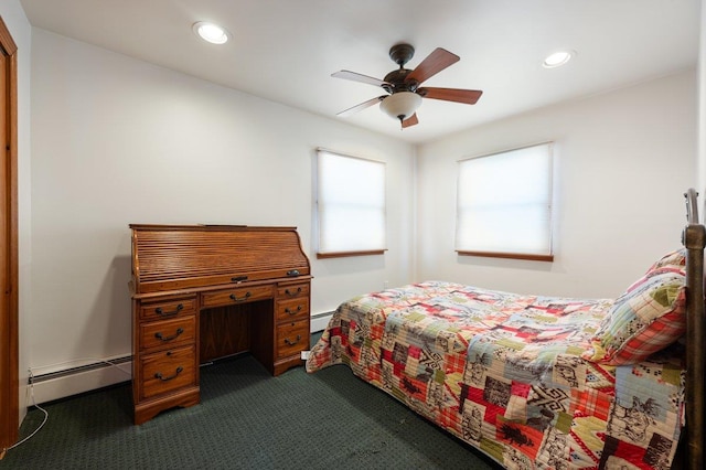 64 Harmon St, Long Beach, NY 11561 - bedroom featuring a baseboard radiator, dark colored carpet, recessed lighting, and ceiling fan