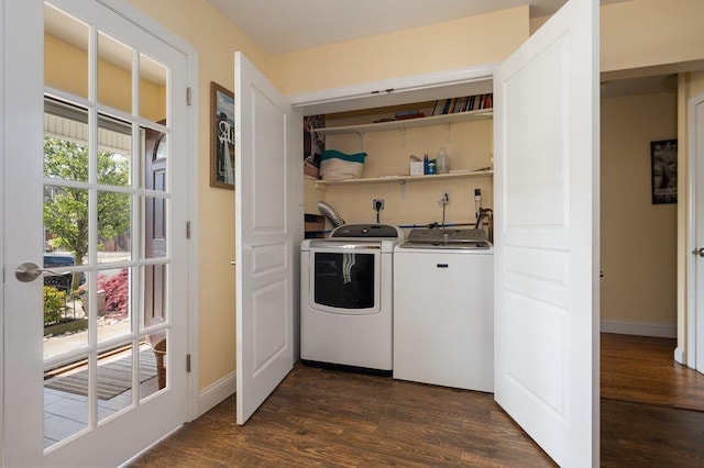 64 Harmon St, Long Beach, NY 11561 - washroom featuring separate washer and dryer, dark wood-style floors, and baseboards