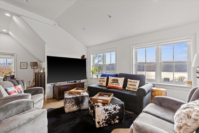 living area featuring recessed lighting, a healthy amount of sunlight, lofted ceiling, and wood finished floors