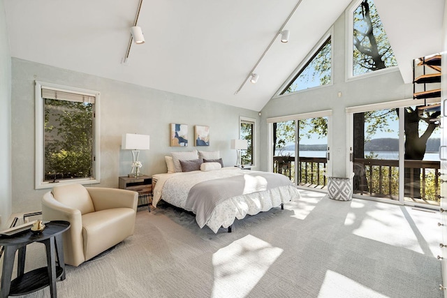 bedroom featuring track lighting, carpet floors, high vaulted ceiling, and access to exterior