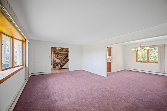 unfurnished room with stairs, light carpet, baseboard heating, and a baseboard radiator