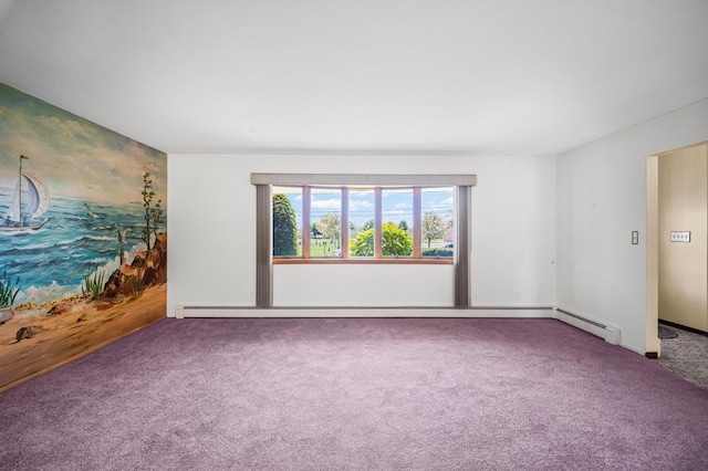 unfurnished room featuring carpet flooring and baseboard heating