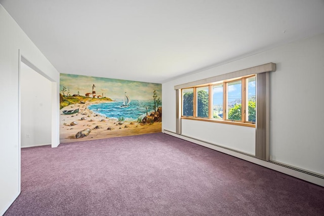 carpeted empty room featuring a baseboard heating unit
