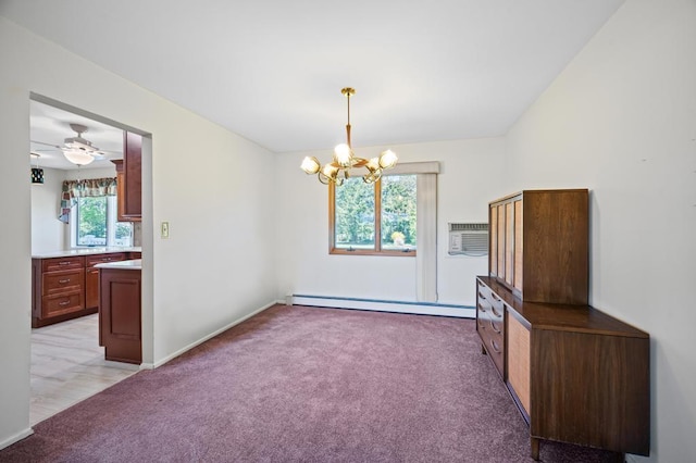 unfurnished dining area with light carpet, baseboards, a wall mounted air conditioner, baseboard heating, and ceiling fan with notable chandelier
