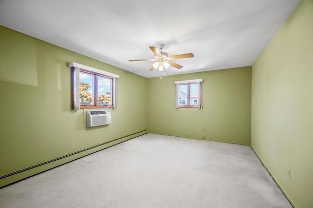 carpeted spare room featuring baseboards, ceiling fan, baseboard heating, and an AC wall unit