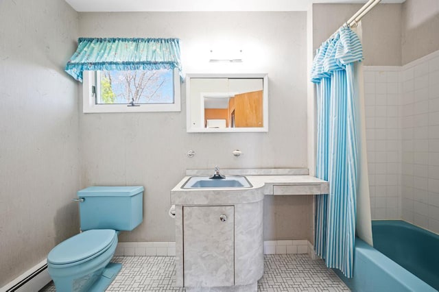 full bathroom with vanity, tile patterned floors, baseboard heating, and toilet