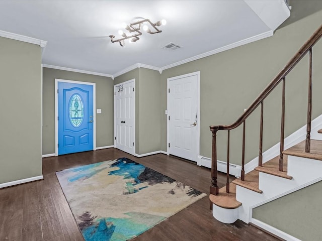 9 Cresthill Pl, Smithtown, NY 11787 - foyer entrance with wood finished floors, crown molding, stairs, and baseboards