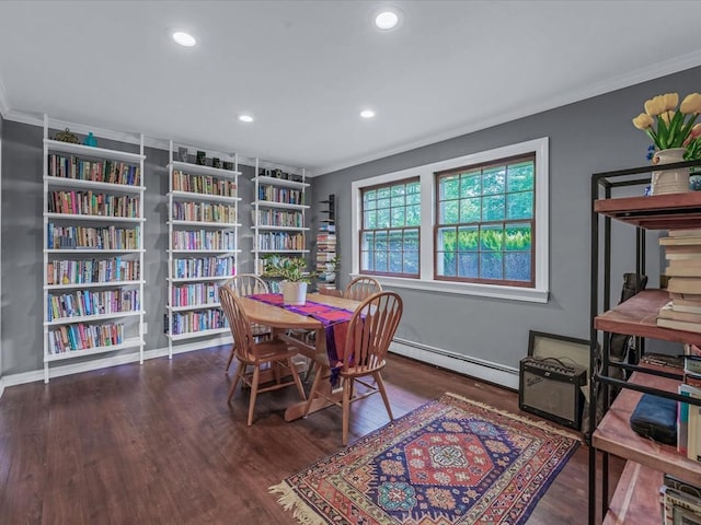 9 Cresthill Pl, Smithtown, NY 11787 - dining room with a baseboard heating unit, ornamental molding, wood finished floors, and recessed lighting