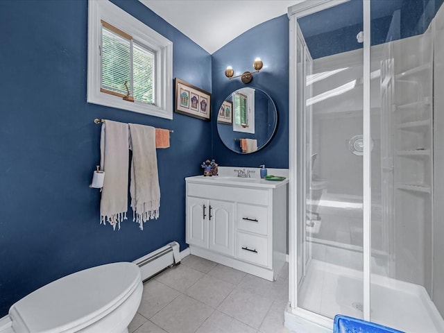 9 Cresthill Pl, Smithtown, NY 11787 - full bathroom featuring a baseboard radiator, a shower stall, vanity, tile patterned flooring, and toilet