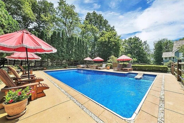 outdoor pool with fence and a patio area
