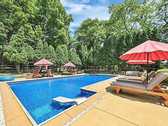 pool with a fenced backyard and a patio