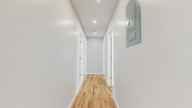 13108 160th St, Jamaica, NY 11434 - corridor featuring electric panel, light wood-style flooring, recessed lighting, and baseboards