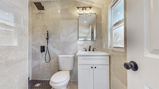 13108 160th St, Jamaica, NY 11434 - full bathroom featuring tile walls, tiled shower, toilet, and vanity