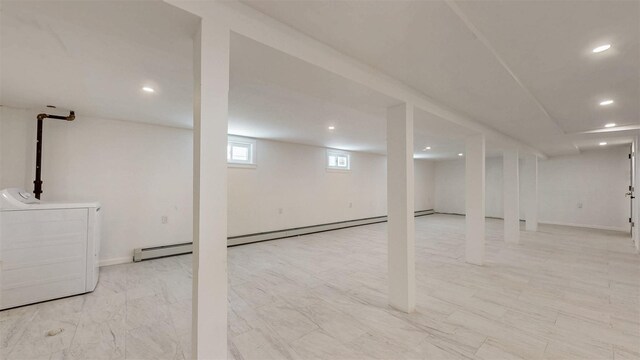 13108 160th St, Jamaica, NY 11434 - below grade area featuring washing machine and clothes dryer, recessed lighting, and baseboard heating