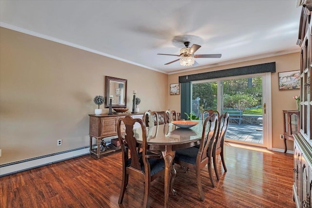 dining area with crown molding, ceiling fan, dark wood finished floors, and baseboards