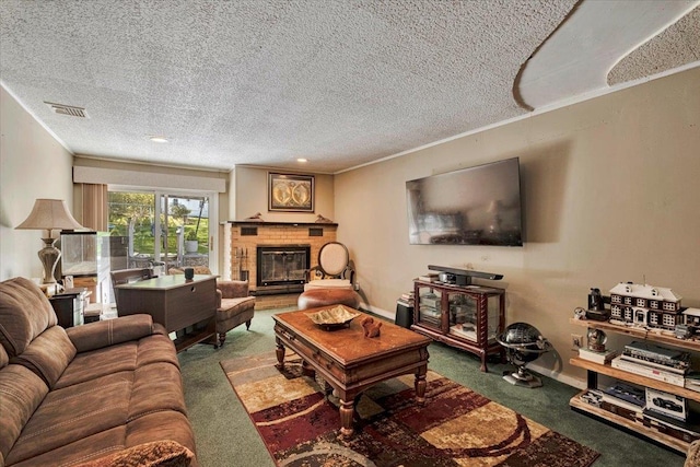 carpeted living room featuring a brick fireplace, recessed lighting, a textured ceiling, and visible vents