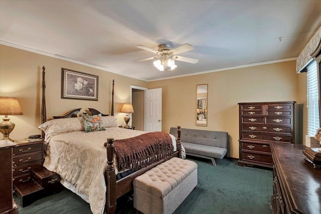 bedroom with crown molding, a ceiling fan, and dark colored carpet