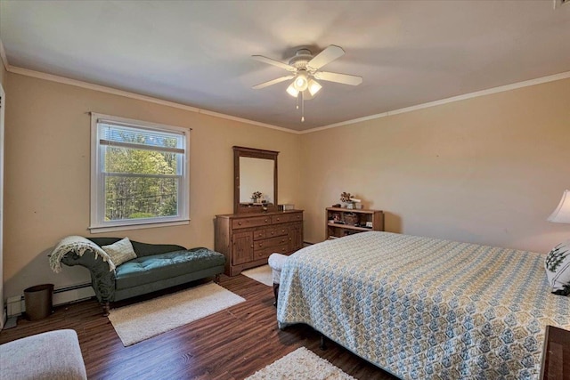 bedroom featuring a ceiling fan, dark wood-style flooring, a baseboard radiator, and ornamental molding