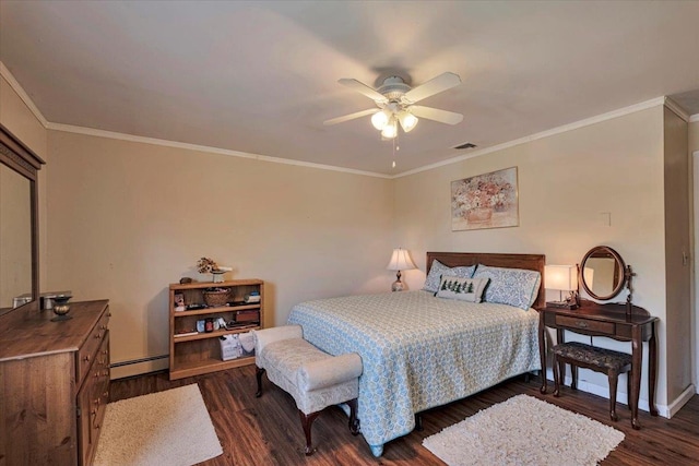 bedroom featuring crown molding, a baseboard radiator, dark wood-style flooring, and visible vents