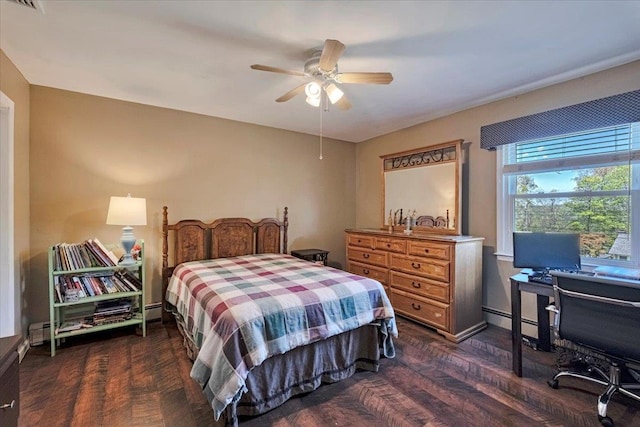 bedroom featuring a ceiling fan, wood finished floors, a baseboard radiator, a baseboard heating unit, and visible vents