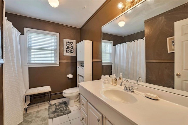 full bathroom with tile patterned flooring, vanity, toilet, a shower with shower curtain, and baseboard heating