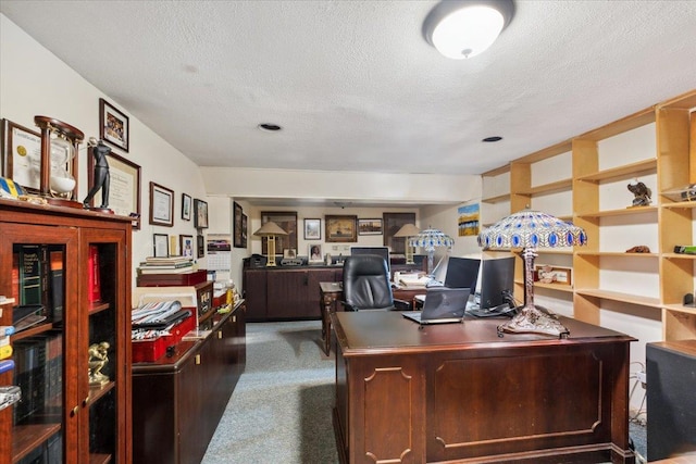 office with dark colored carpet and a textured ceiling