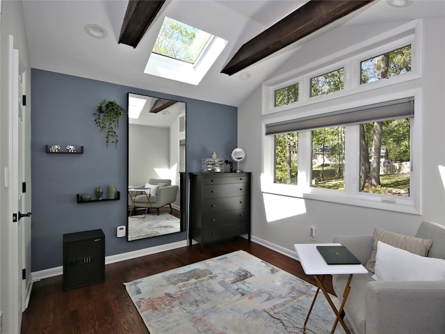 256 Macy Rd, Briarcliff Manor, NY 10510 - living area featuring baseboards, wood finished floors, and vaulted ceiling with skylight