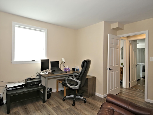 256 Macy Rd, Briarcliff Manor, NY 10510 - home office with baseboards, washer / dryer, and wood finished floors