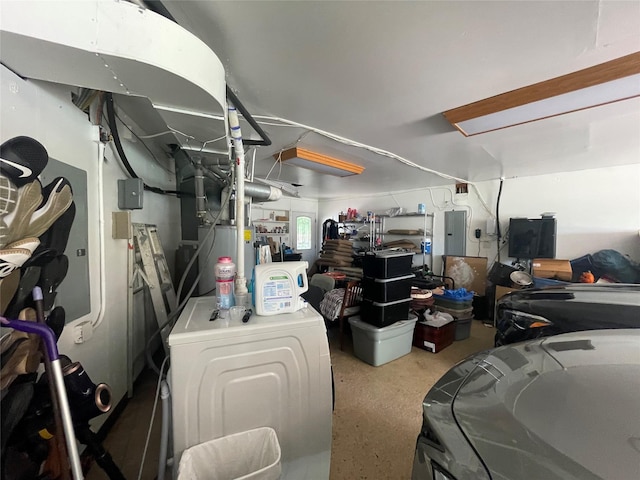 79 Constellation Rd, Levittown, NY 11756 - garage with washer / clothes dryer, electric panel, and gas water heater