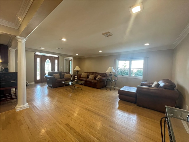 79 Constellation Rd, Levittown, NY 11756 - living room featuring decorative columns, crown molding, light wood-type flooring, and recessed lighting
