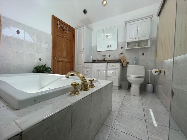 79 Constellation Rd, Levittown, NY 11756 - full bathroom featuring tile walls, a garden tub, vanity, and lofted ceiling