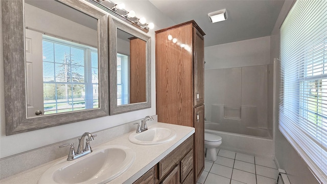 bathroom featuring tile patterned flooring, a sink, double vanity, and toilet